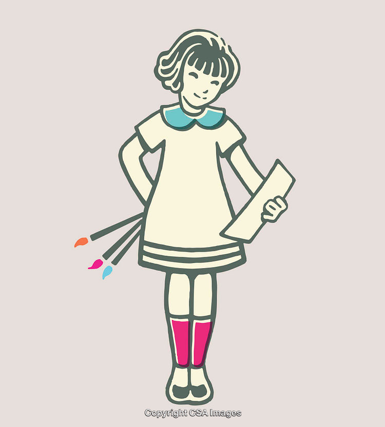 Charming Cartoon Illustration of a Young Girl Reading Paper with Paintbrushes