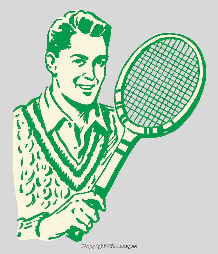 Vintage Green Line Art Illustration of a Smiling Man with a Tennis Racket