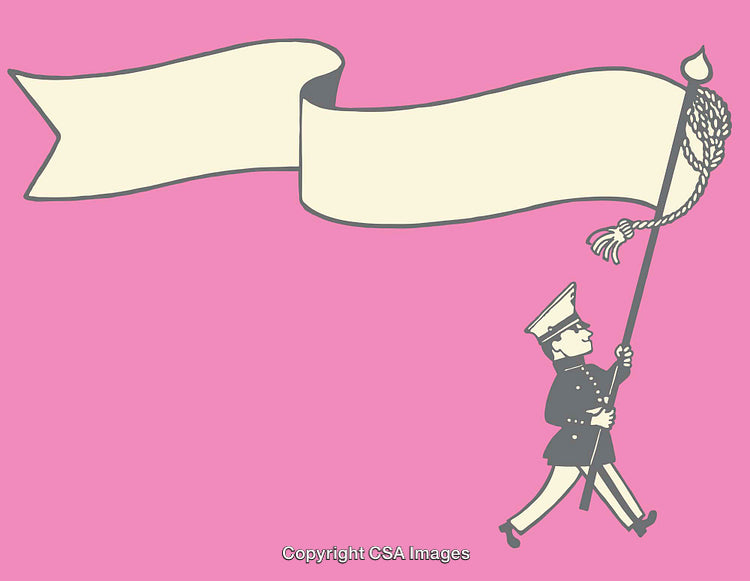 Vintage Military Officer Holding Flag with Banner on Pink Background