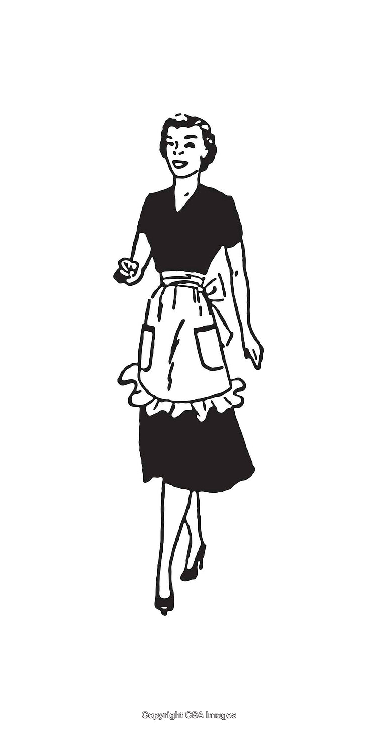 Vintage Line Art Illustration of Woman Wearing Apron and Smiling