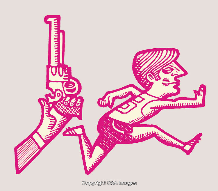 Colorful Line Art Depicting a Sprinter and Handgun Interaction