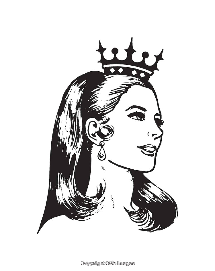 Detailed Black and White Illustration of a Crowned Woman in Profile
