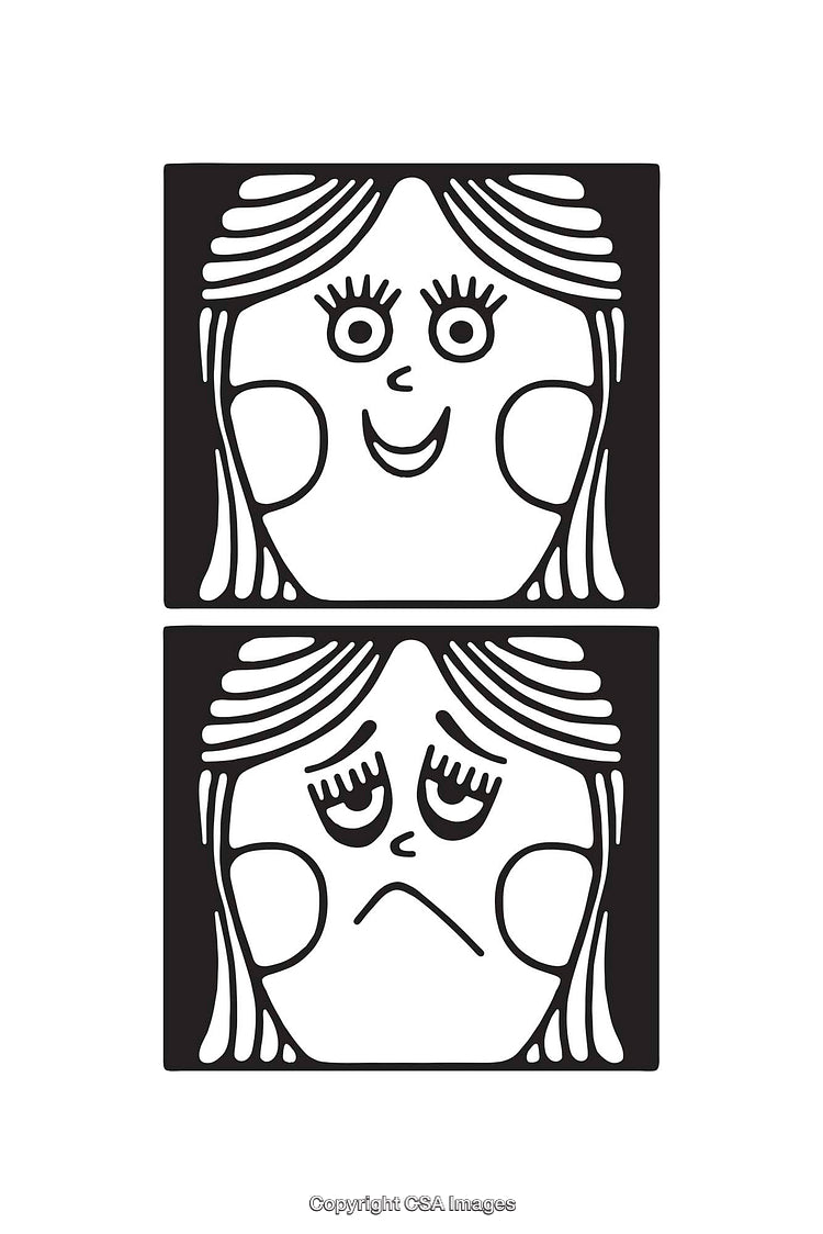 Black and White Line Art Illustrations of Happy and Sad Faces