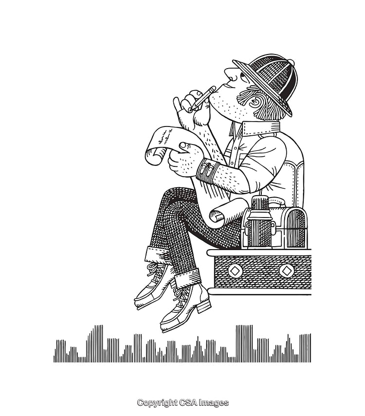 Black and White Illustration of a Man Deep in Thought While Writing Notes