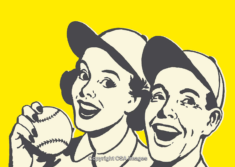 Retro Style Illustration of Happy Baseball Players on Yellow Background