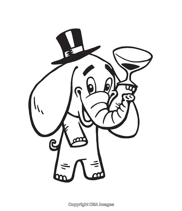 Cartoon Elephant Wearing a Hat and Holding a Drink Glass in Line Art