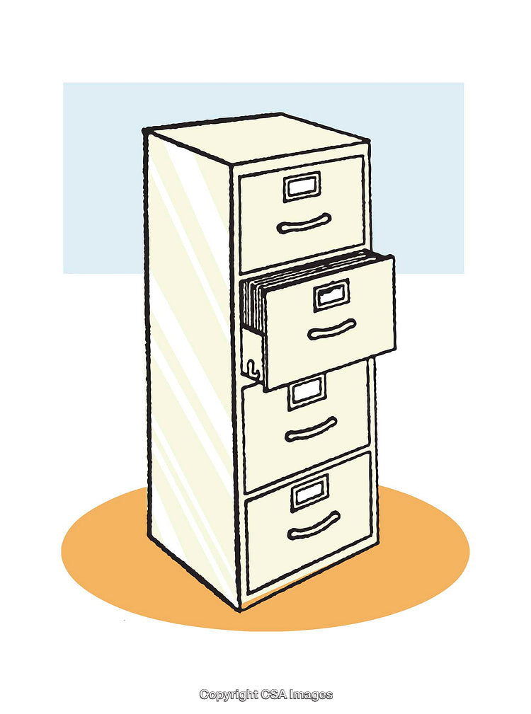 Illustrated Filing Cabinet with Open Drawer on a Color Background