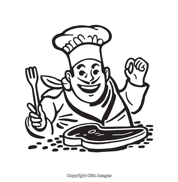 Illustration of a Happy Chef with Cooking Utensils and Steak