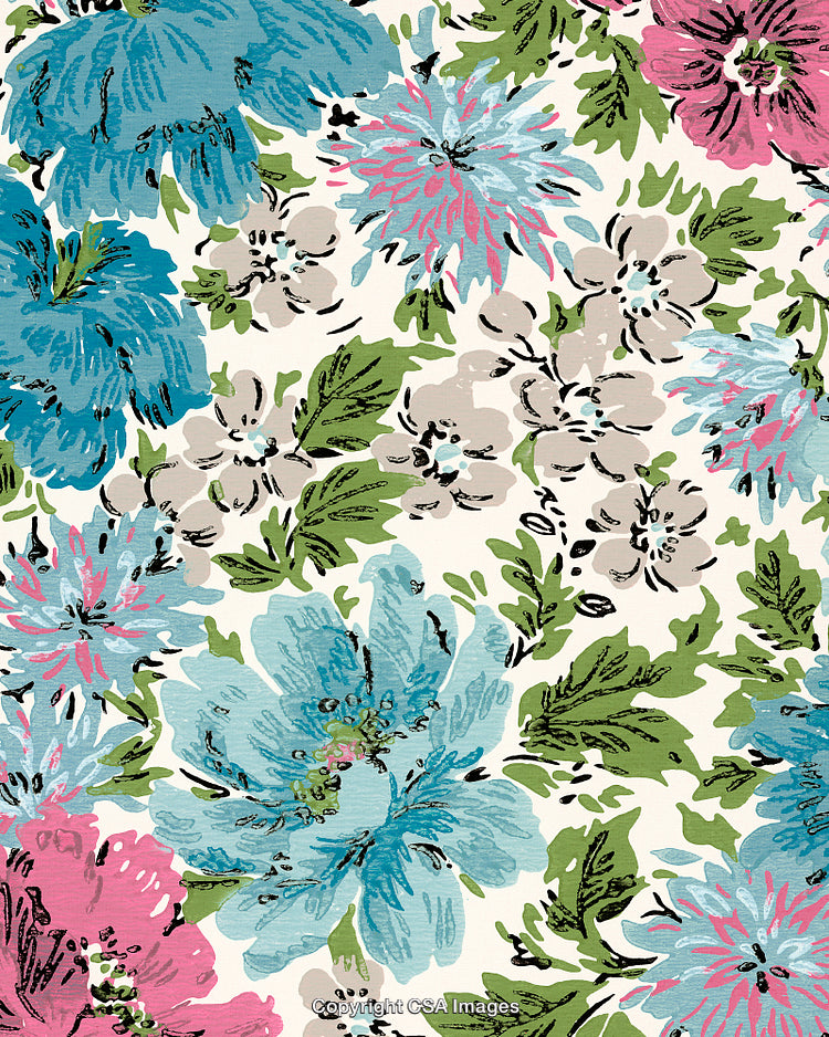 Colorful Floral Pattern With Vibrant Blue, Pink, and Green Flowers on Cream Background