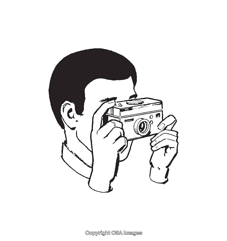 Monochrome Line Art Illustration of a Photographer Using a Camera