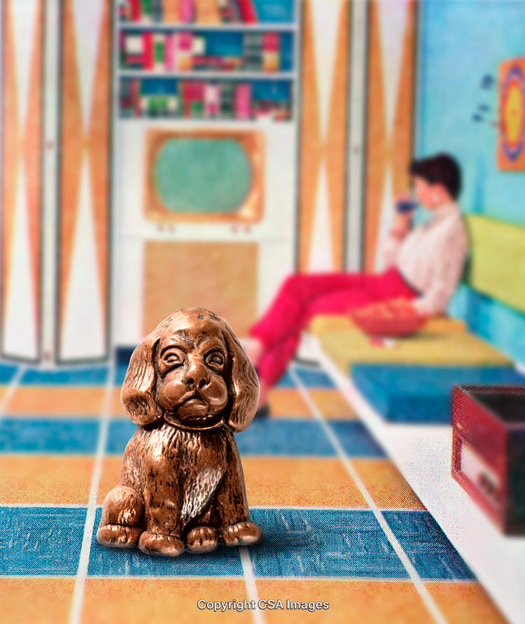 Bronze-Like Dog Figurine with Retro Interior Background Scene