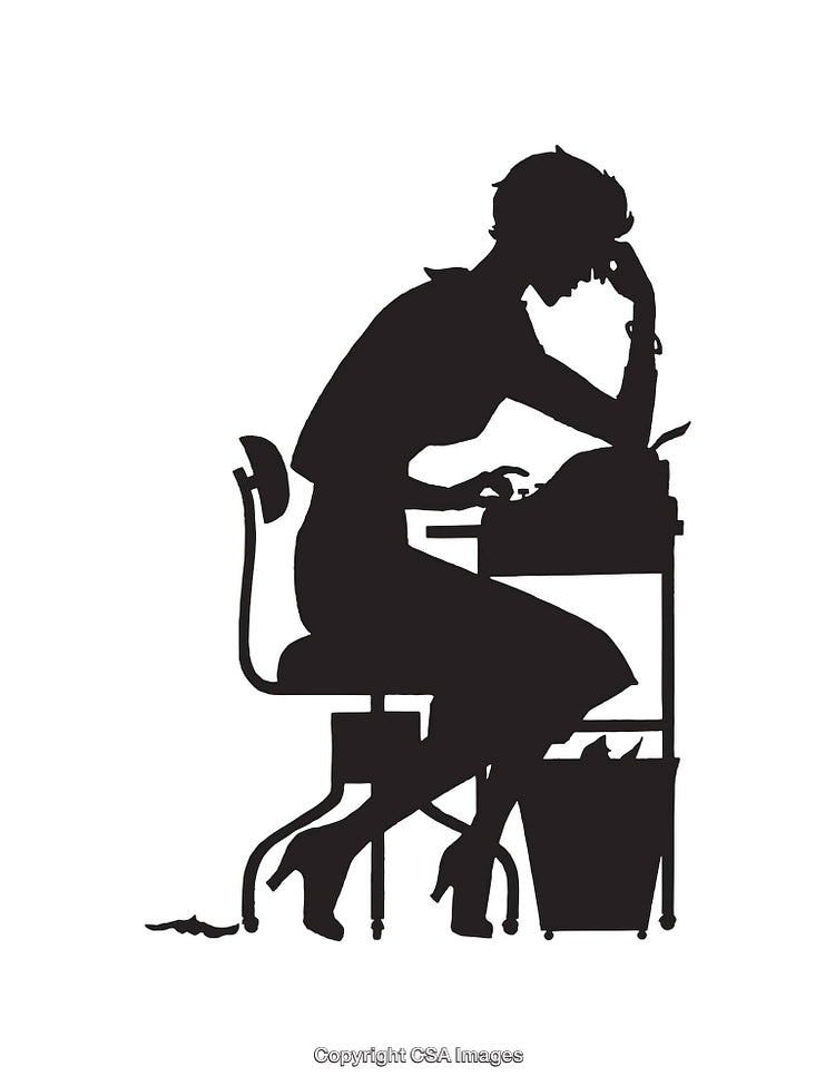Silhouette of a Pensive Woman Working on a Typewriter