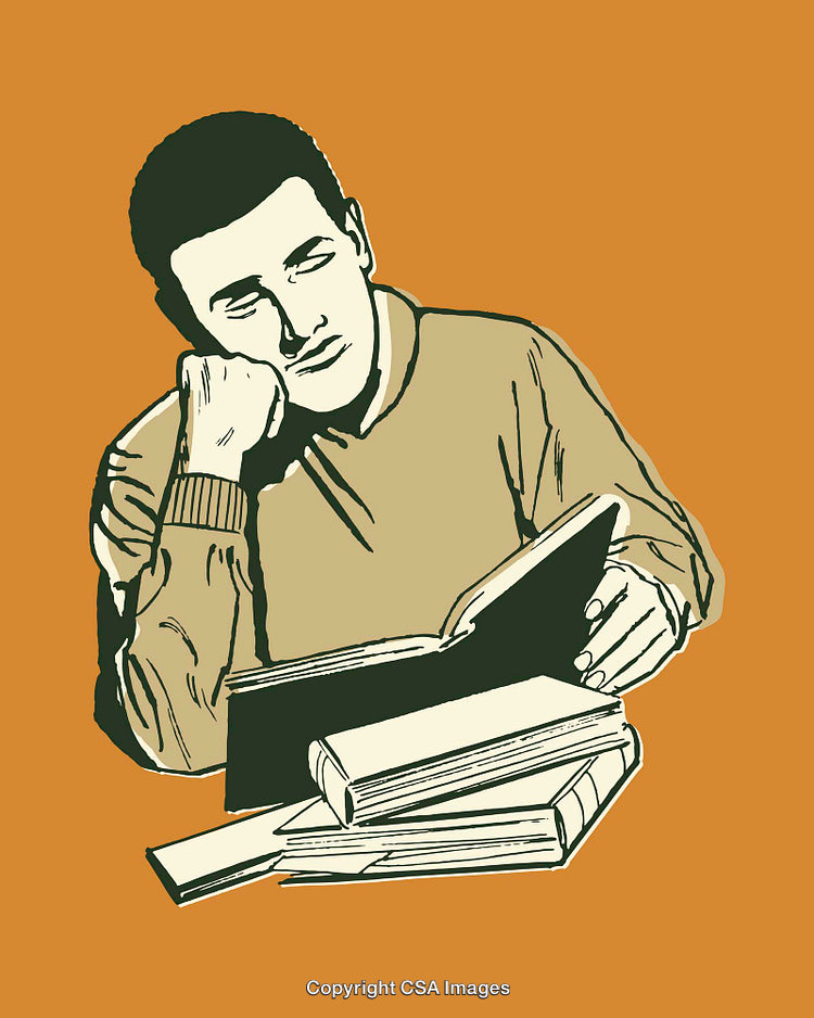 Illustration of a Pensive Man Reading While Resting His Head on His Hand