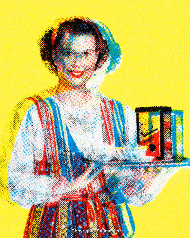 Colorful Halftone Portrait of a Smiling Woman Holding a Tray