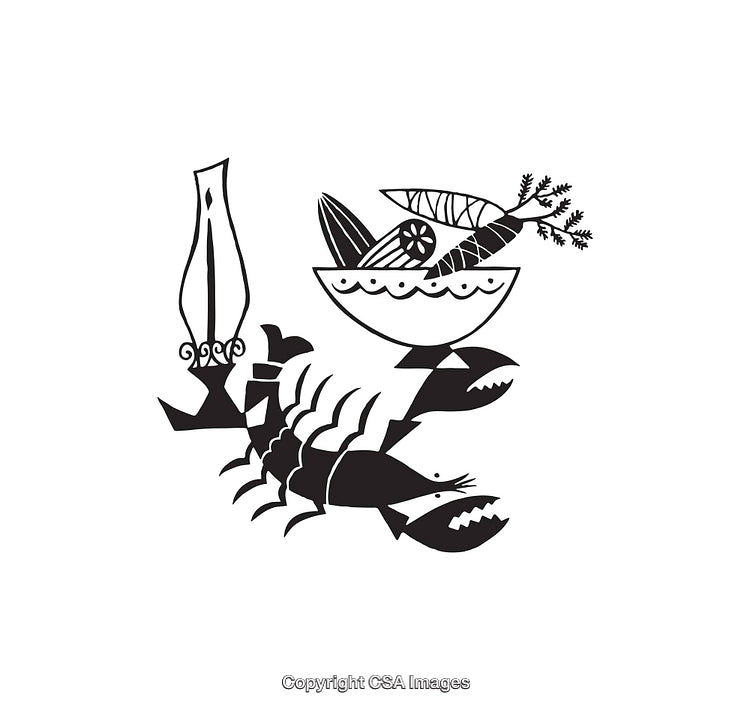Black and White Line Art of Seafood and Vegetables in Abstract Design