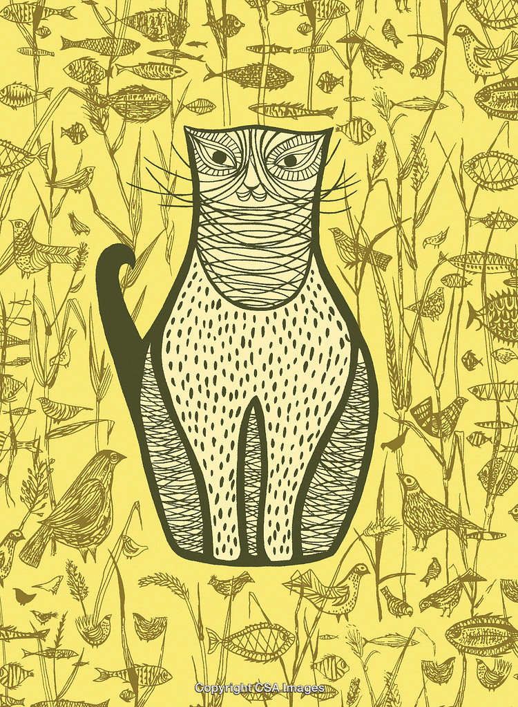 Illustration of a Cat Amidst Ornate Nature Motifs with Birds and Fish