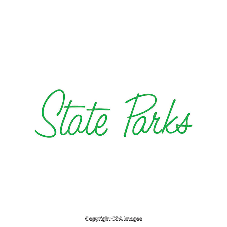 Green Text Featuring Elegant Calligraphy Displaying 'State Parks' on White Background