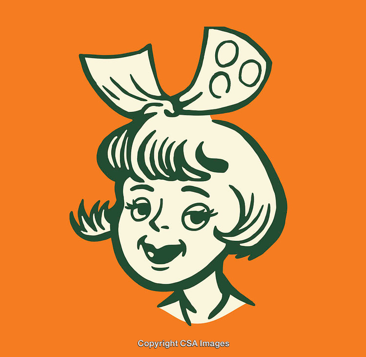 Retro Style Illustration of a Smiling Girl with Bow in Her Hair