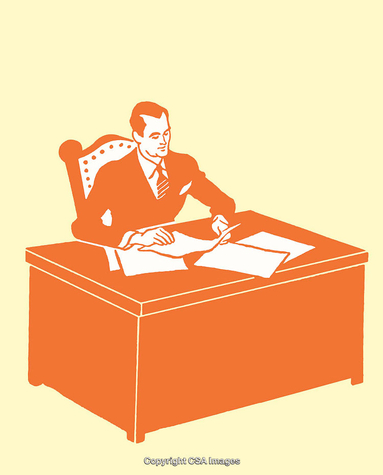 Vintage Businessman Illustration of a Professional at His Desk in Retro Style
