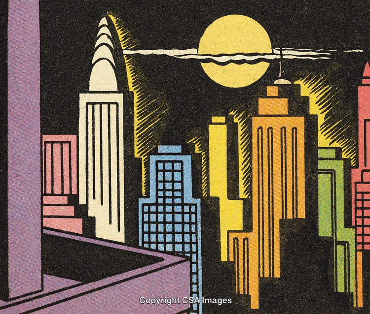 Retro Art of Vibrant City Skyline with Full Moon Glow