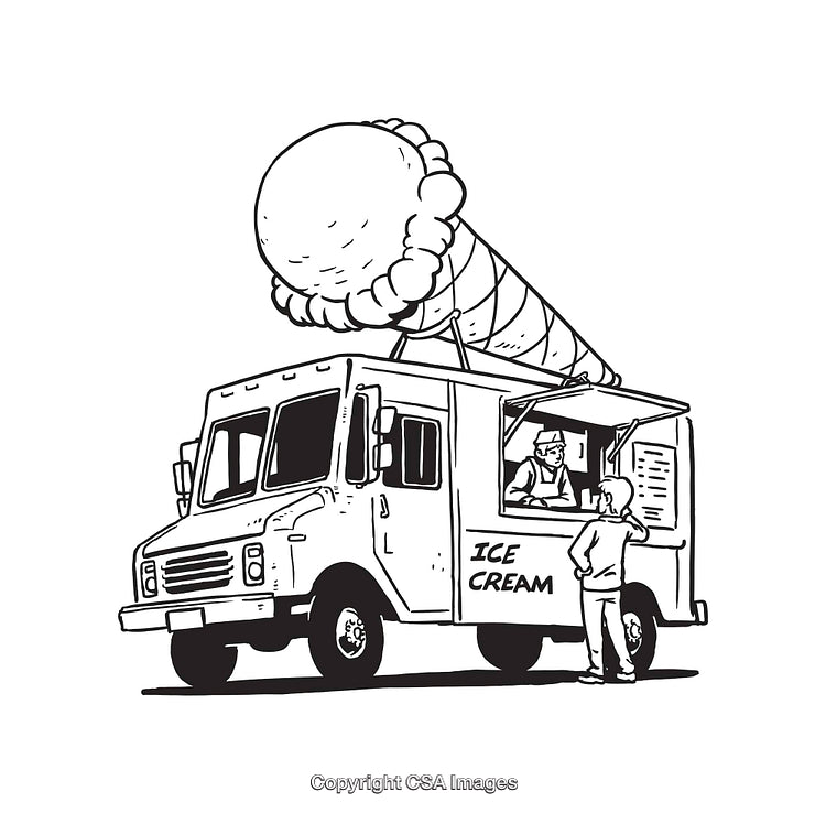 Black and White Illustration of an Ice Cream Truck Serving Customer