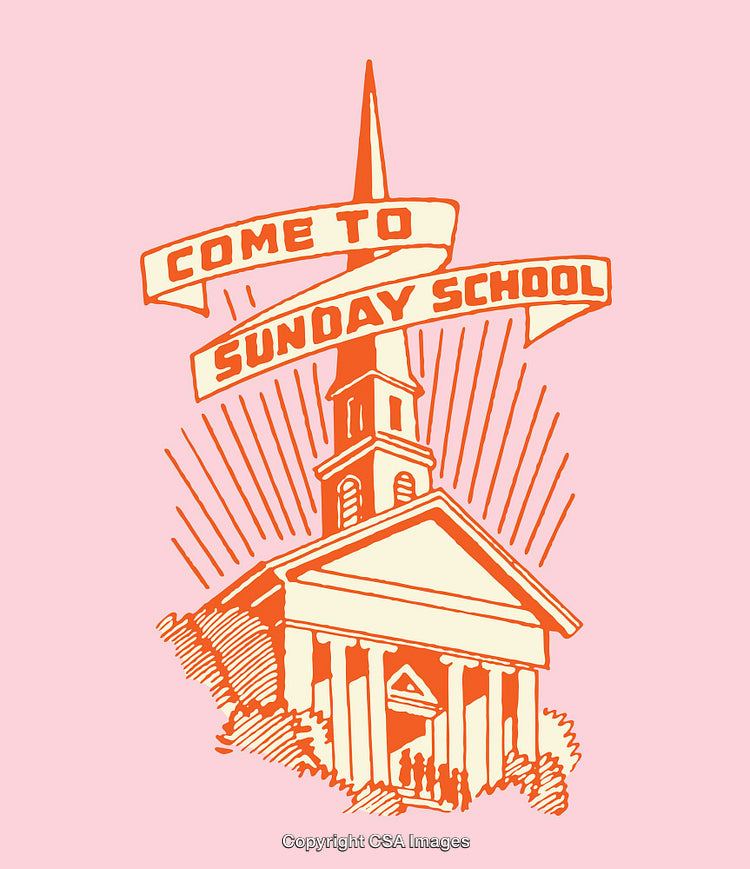 Colorful Line Art Illustration of a Church Promoting Sunday School Attendance