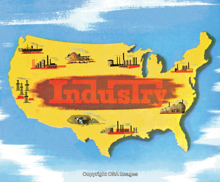 Illustrated Map Depicting US Industrial Landmarks and Federal Economy