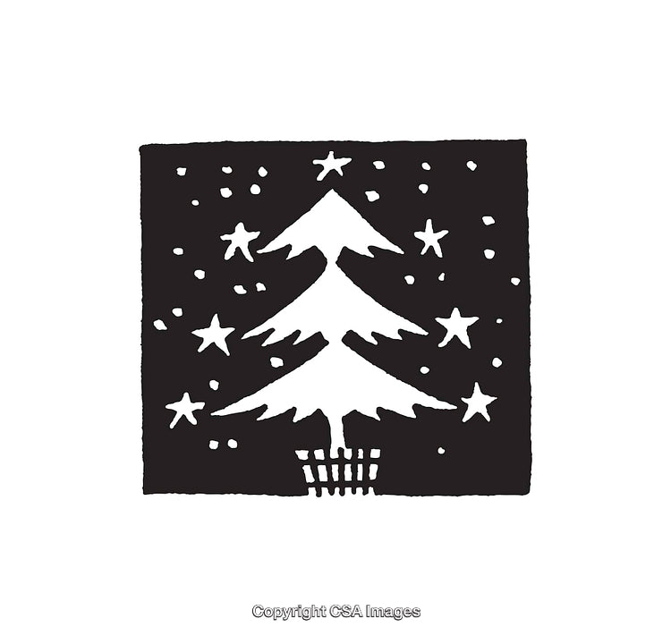 Hand-Drawn Black and White Christmas Tree Illustration with Stars