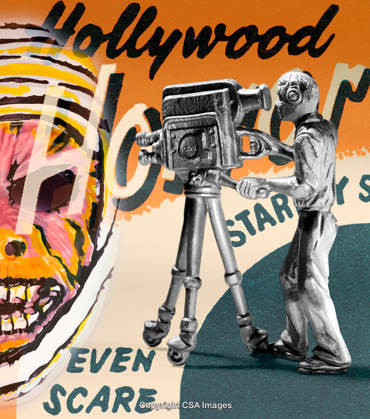 Vintage Horror Cinematic Toy Display with Retro Camera Figure