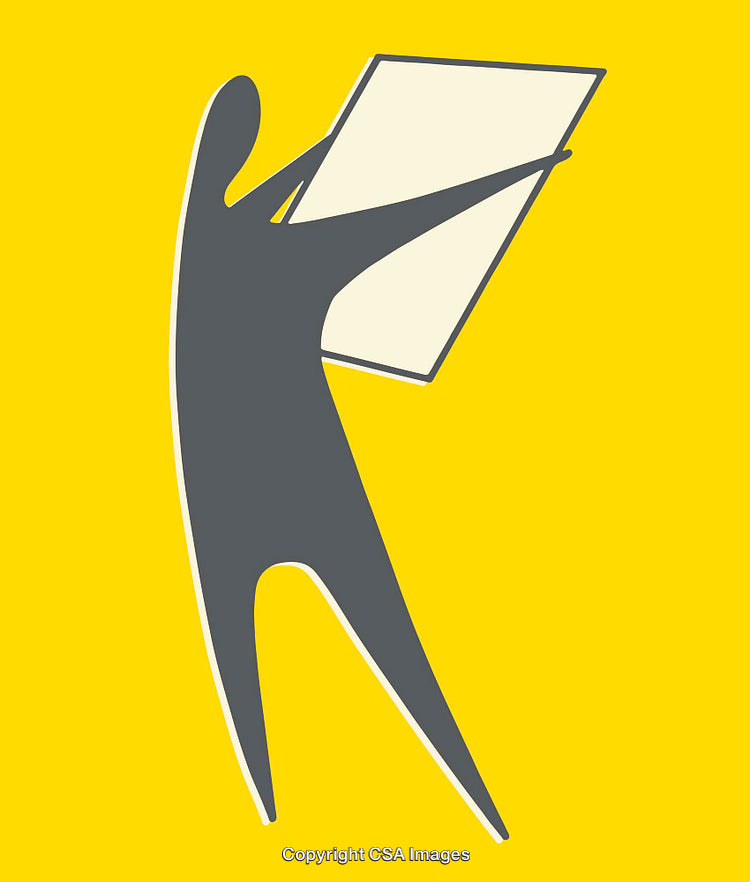 Abstract Figure Holding Blank Poster Against Yellow Background