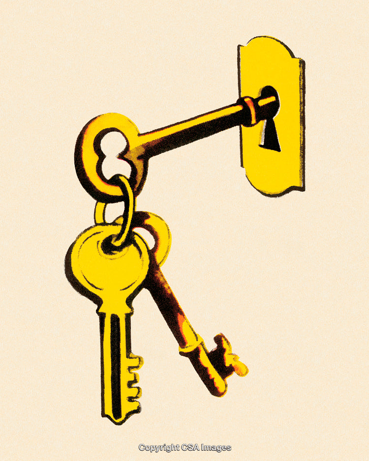 Golden Vintage Keys Inserted Into Old Keyhole on Light Background
