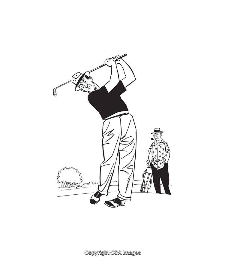 Black and White Line Art of Two Men Playing Golf Outdoors
