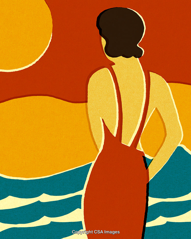 Art Deco Woman Gazing at Sunset Over Waves in Vibrant Colors