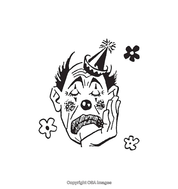 Black and White Line Art of a Melancholic Clown Illustration