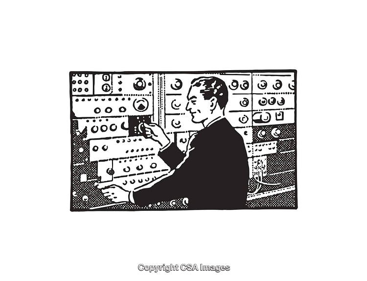 Vintage Engineer Operating a Large Control Panel in Line Art Illustration