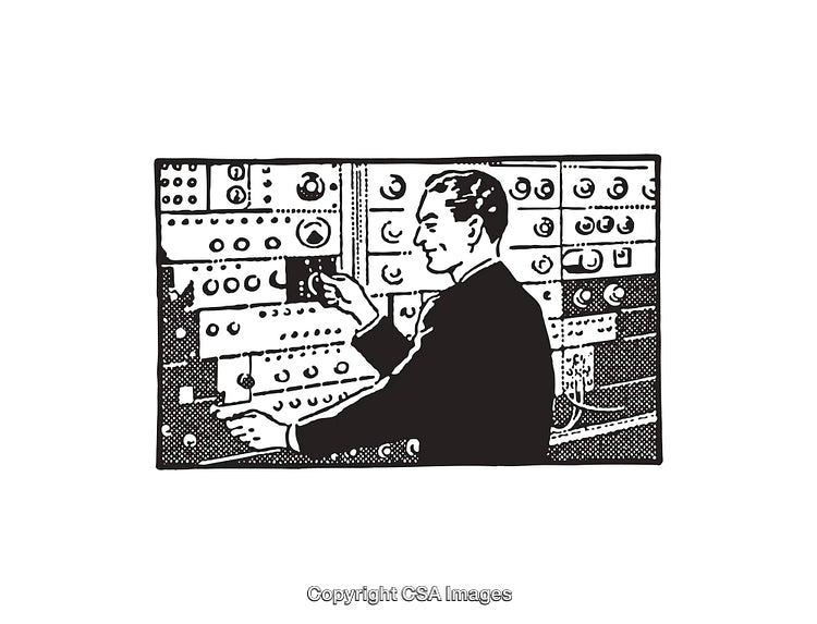 Vintage Engineer Operating a Large Control Panel in Line Art Illustration