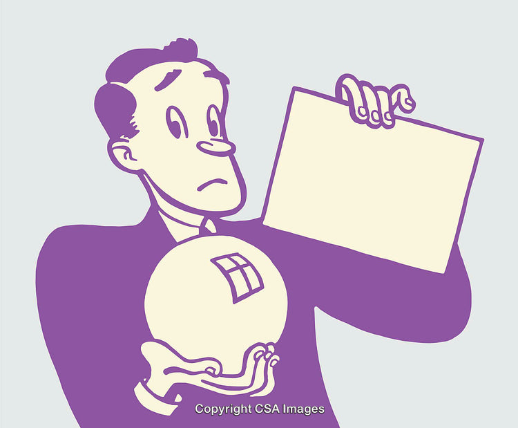 Cartoon Illustration of Concerned man with Crystal Ball Holding Message Card