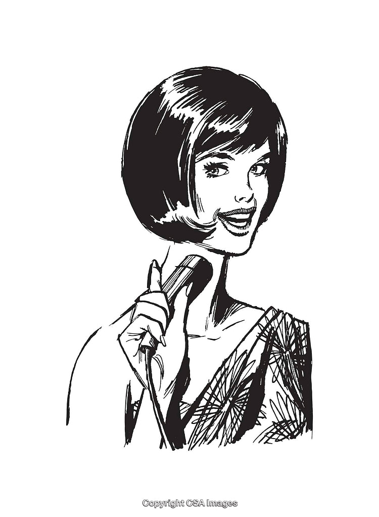 Black and White Line Art of a Smiling Woman Holding a Hair Straightener