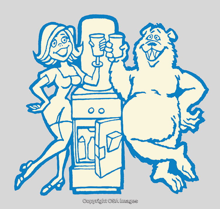 Cartoon Character and Bear Enjoying Drinks by a Refrigerator
