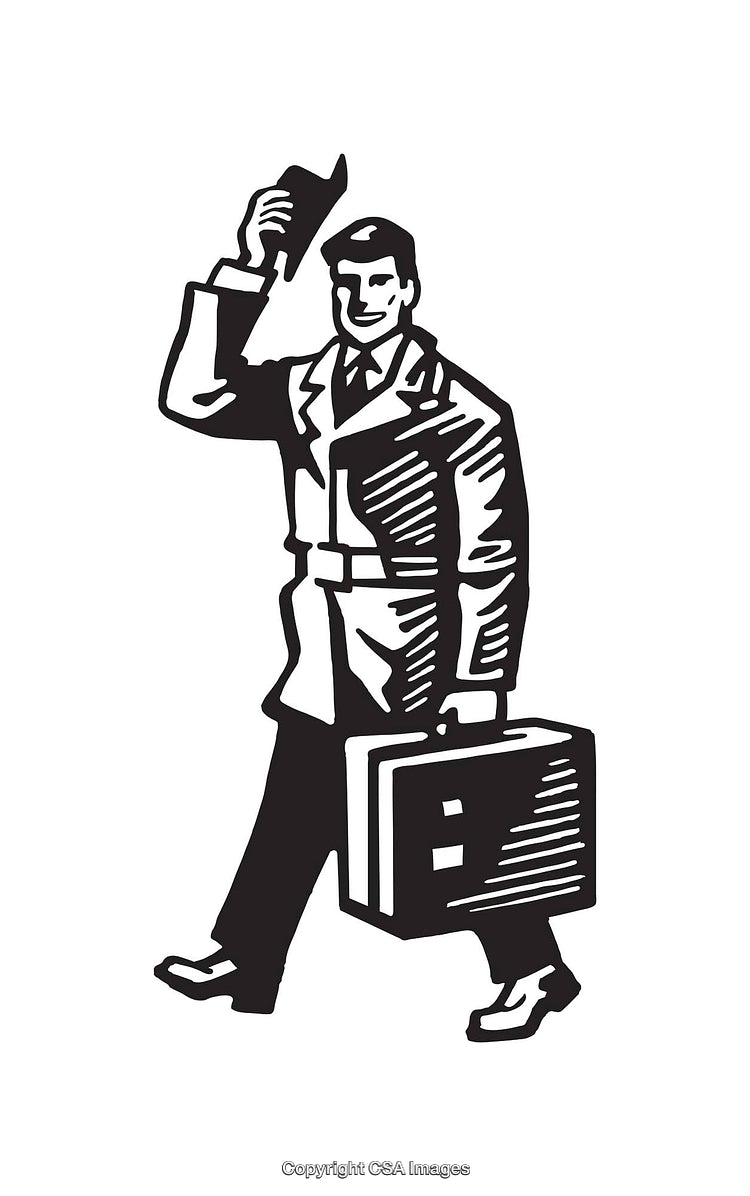 Black And White Illustration of a Businessman Greeting While Carrying a Briefcase