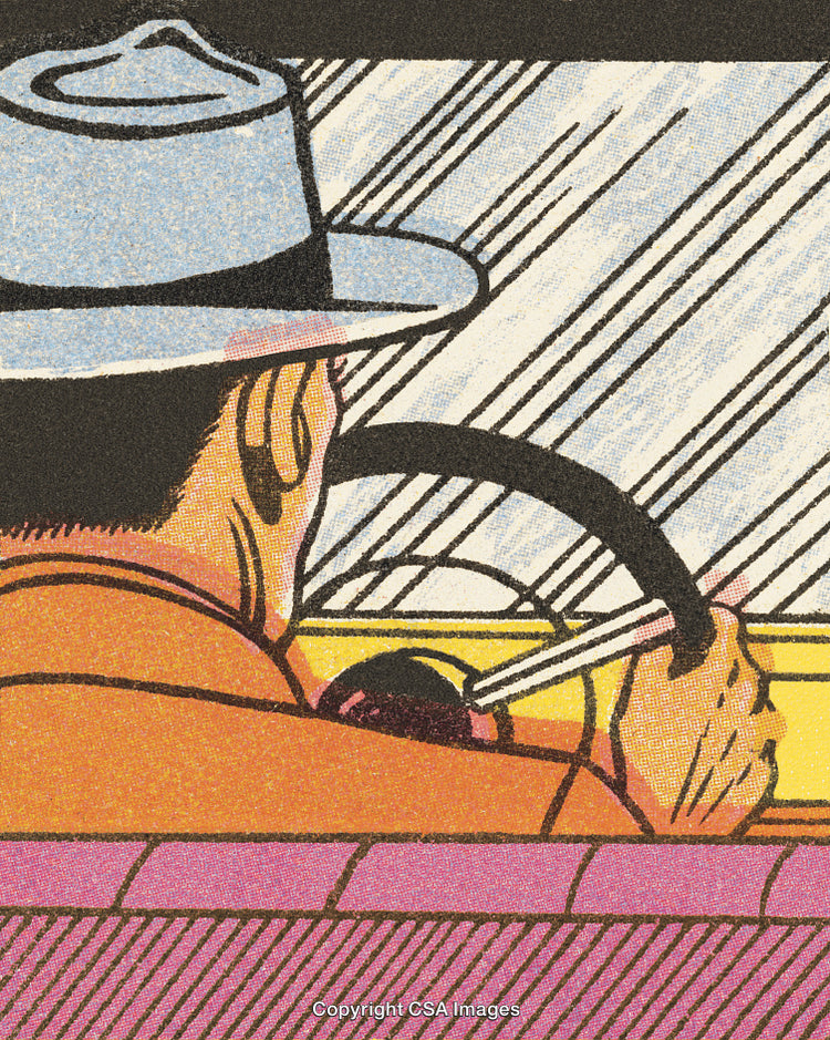 Retro Style Illustration of a Man Driving a Car in Rainy Weather