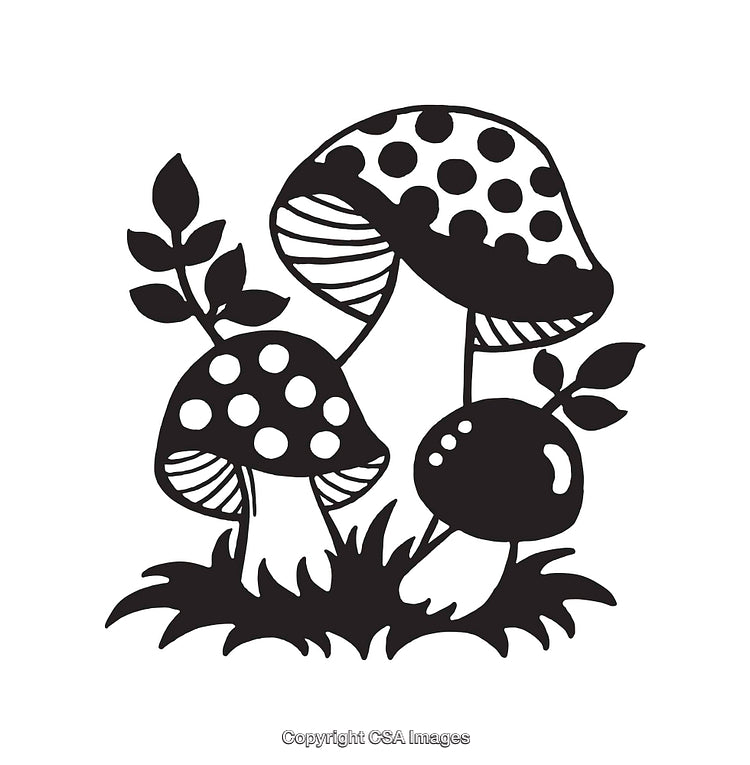 Black And White Line Art Illustration of Mushrooms with Leafy Details