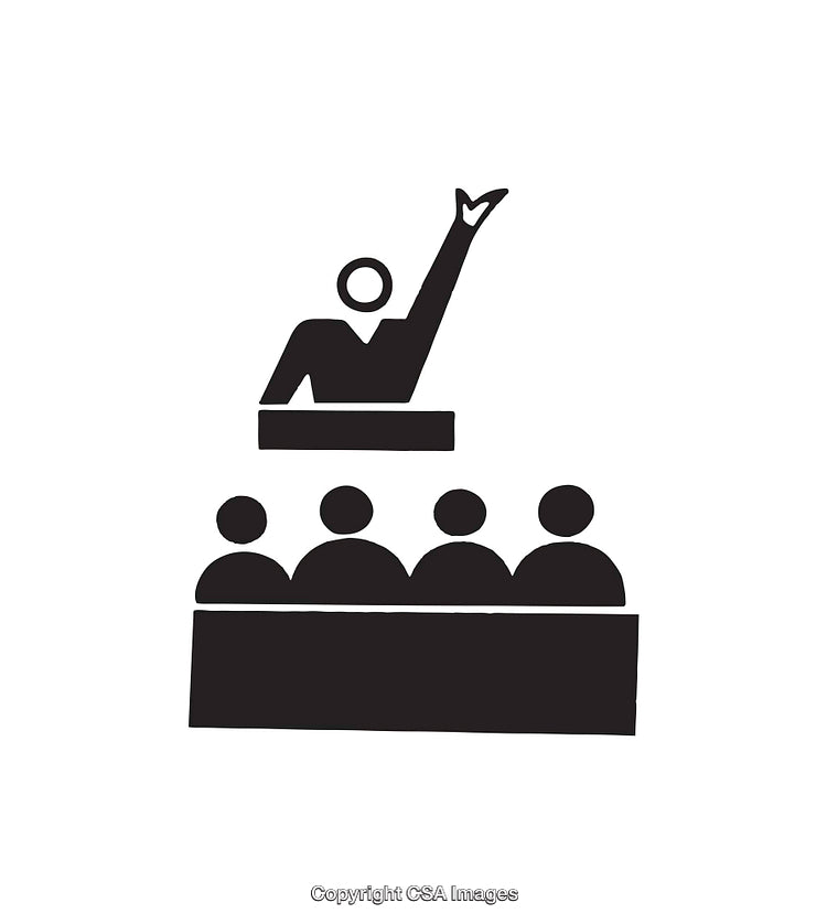 Illustration of a Speaker Addressing an Audience in Black and White