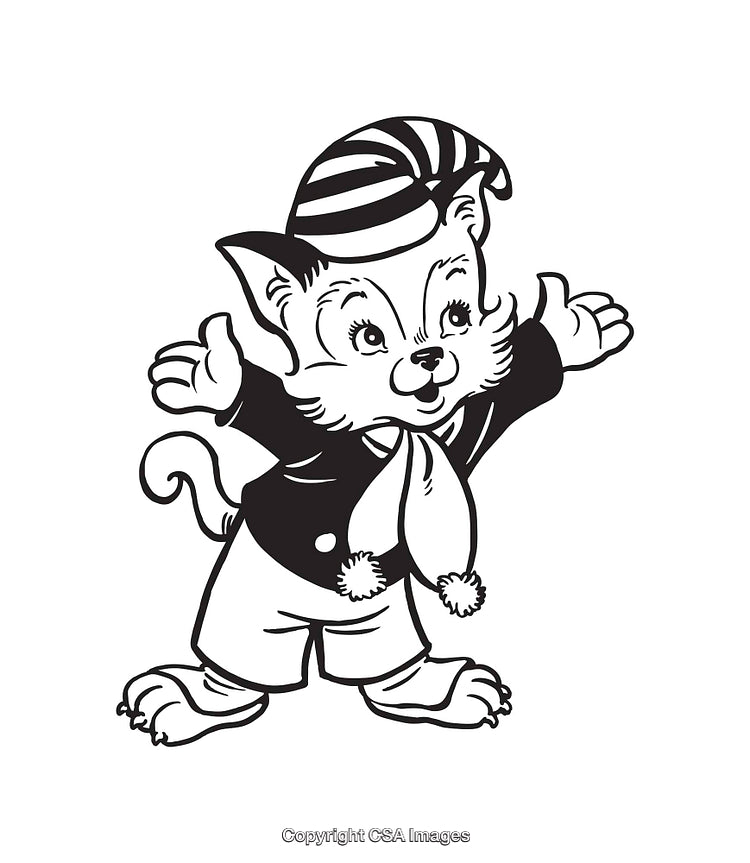 Black And White Line Art Illustration of a Cheerful Cartoon Cat in Fun Outfit