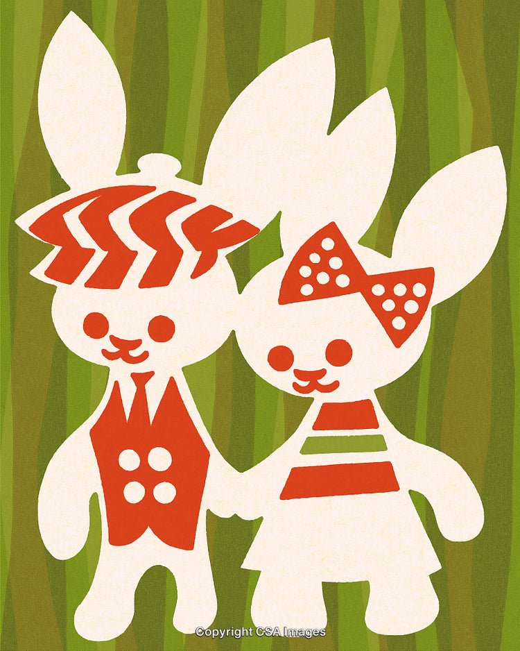Artistic Illustration of Two Bunnies in Outfits Against a Green Background