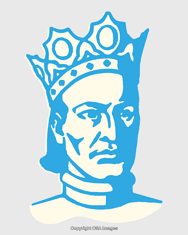 Blue and White Line Art Portrait of a Crowned Figure