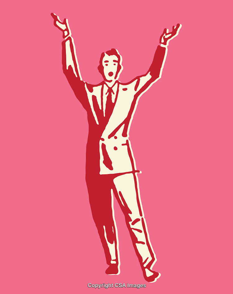Silhouette of Man in Suit with Raised Arms on Pink Background