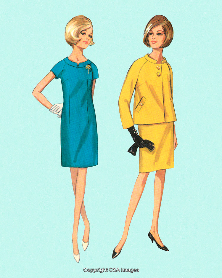 Vintage Fashion Illustration of Two Women in 1960s Attire