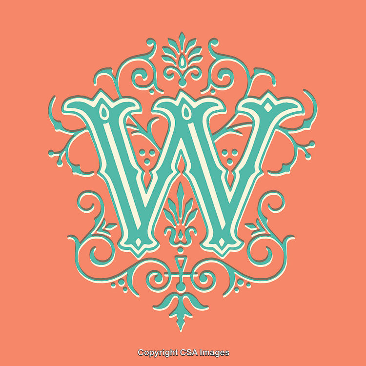 Ornate Letter W Design with Floral and Flourish Details on Orange