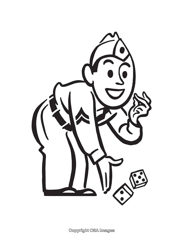 Black and White Illustration of a Soldier Rolling Dice in a Game Scene